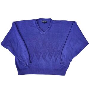 Vintage Lands End Oversized Diamond Knit V-Neck Sweater Purple USA Ivy Prep‎ XL